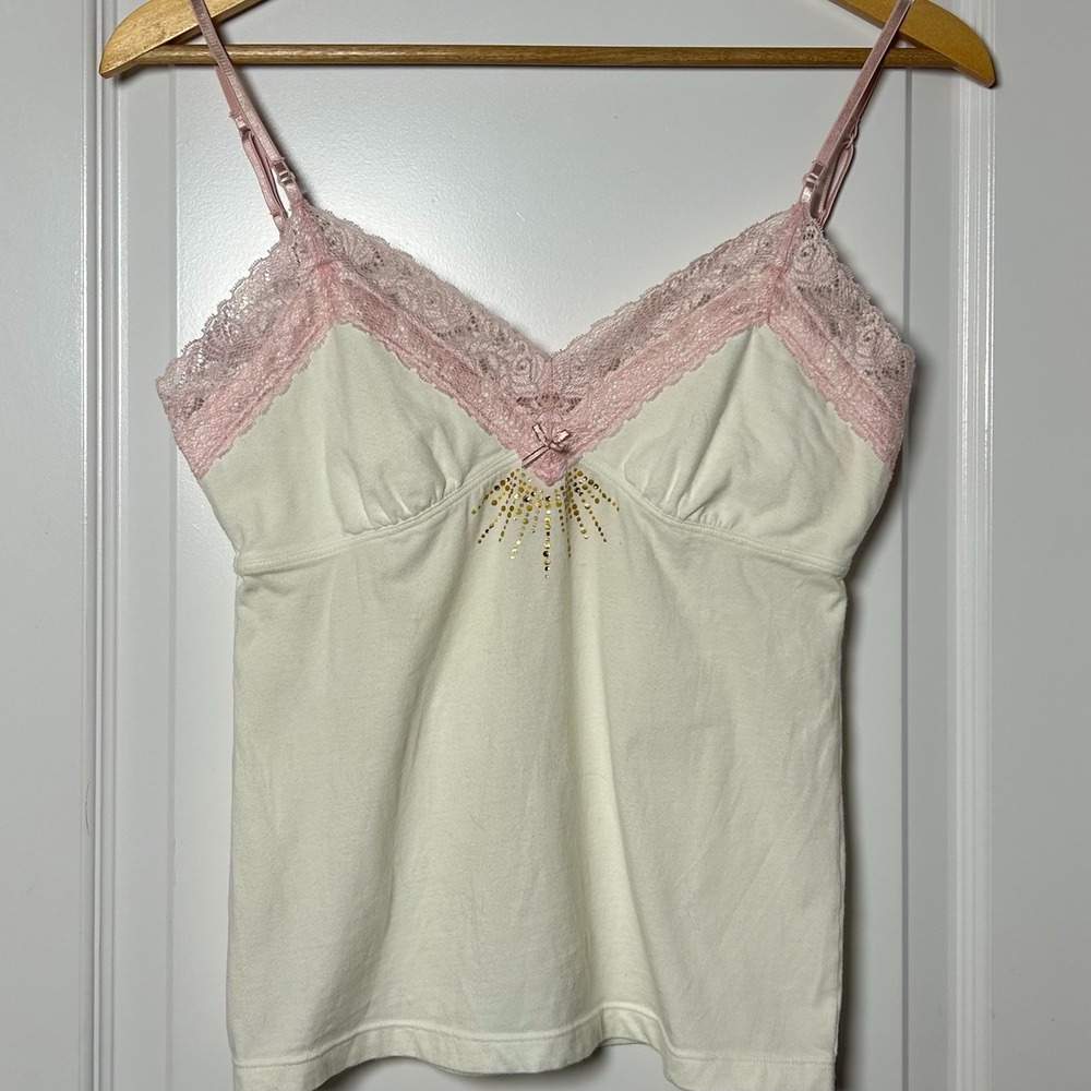 Victoria's Secret Pink Ivory Baby Pink Lace Trim Bow Camisole Coquette Y2K Style